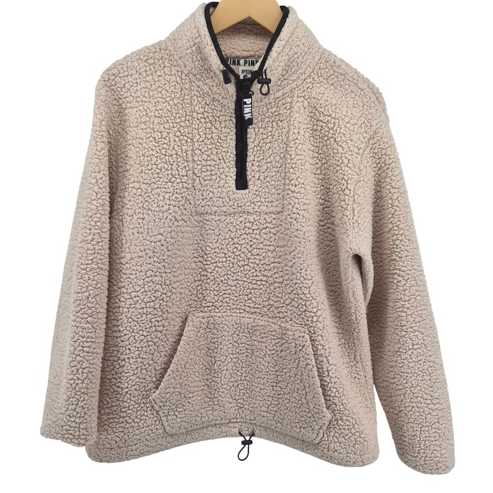 PINK Victorias Secret Sherpa Fleece Quarter Zip Pullover Womens M Teddy Cozy